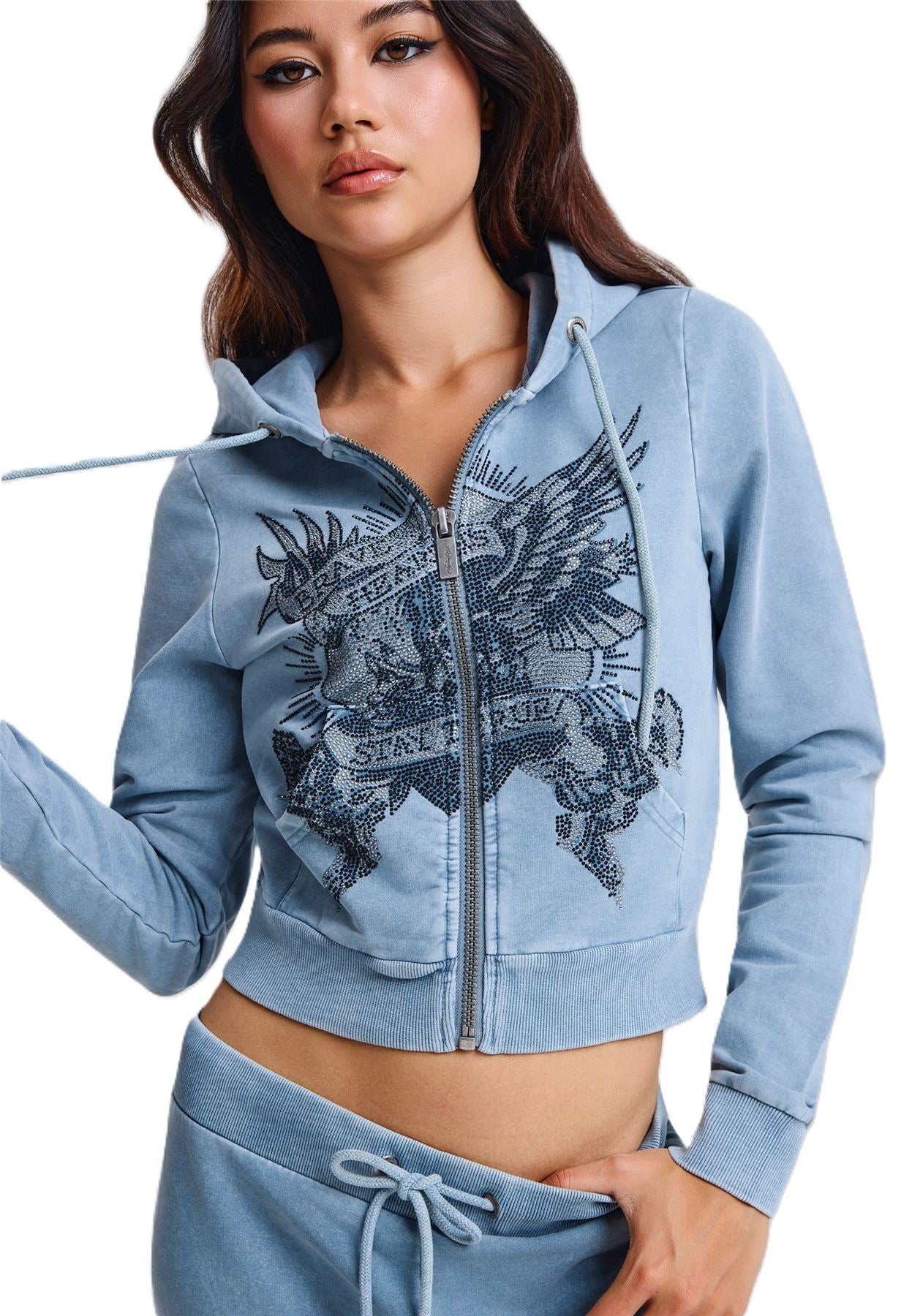 Ed Hardy Stay True Fitted Cropped Zip Women's Blue Hoodie