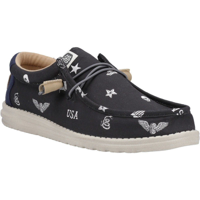 HEYDUDE Wally Stars n Skulls 100% Cotton Men's Black Boat Shoes