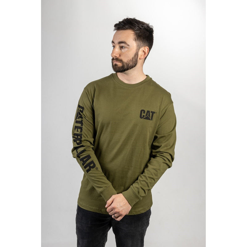 Caterpillar Trademark Banner Long Sleeve Cotton Men's Green T-Shirt
