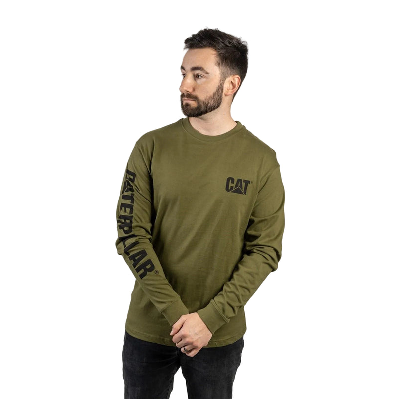 Caterpillar Trademark Banner Long Sleeve Cotton Men's Green T-Shirt