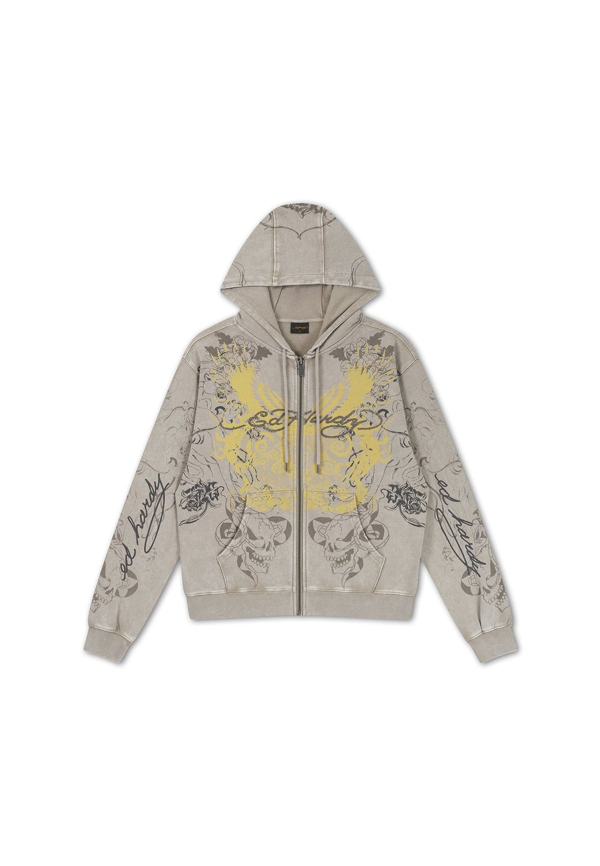 Ed Hardy Diamante Venom Stone Wash Relaxed Zip Thru Women's Grey Hoodie
