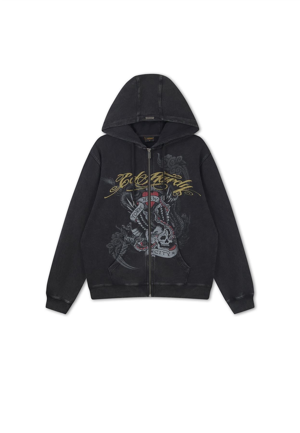Ed Hardy New York Washed Relaxed Zip Thru Men's Black Hoodie