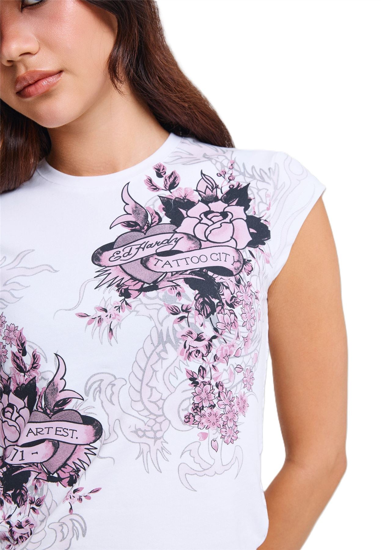 Ed Hardy Tattoo City Cap Sleeve Top Women's White T-Shirts
