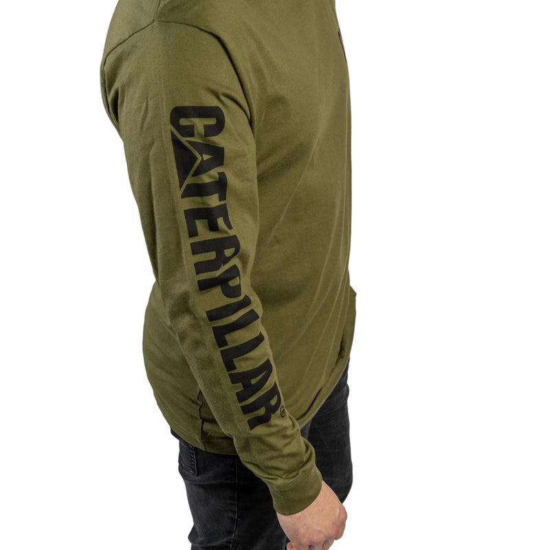 Caterpillar Trademark Banner Long Sleeve Cotton Men's Green T-Shirt