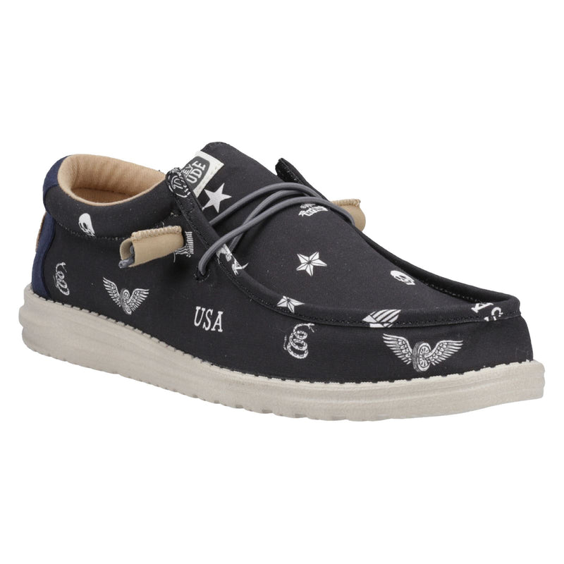 HEYDUDE Wally Stars n Skulls 100% Cotton Men's Black Boat Shoes