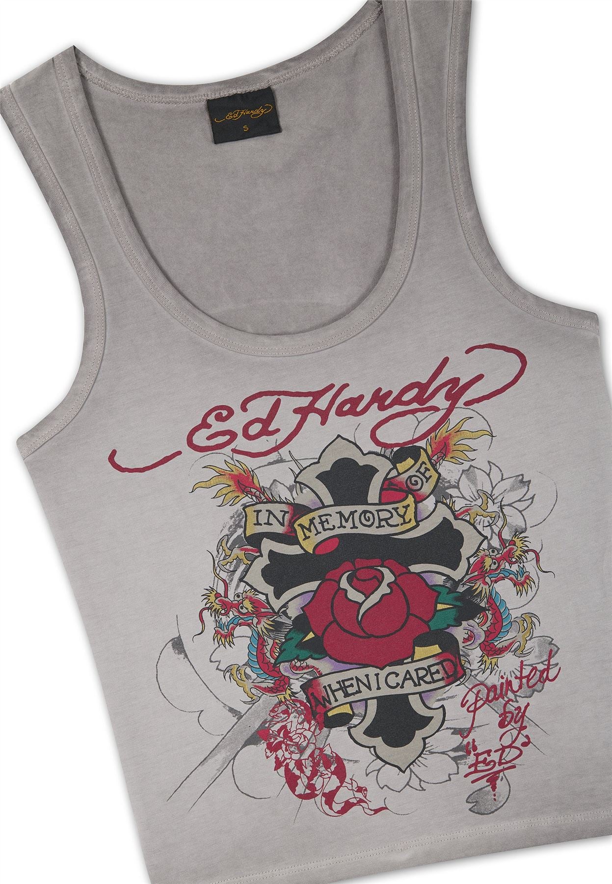 Ed Hardy In Memory of When I Cared Fitted Women's Grey Vest Top