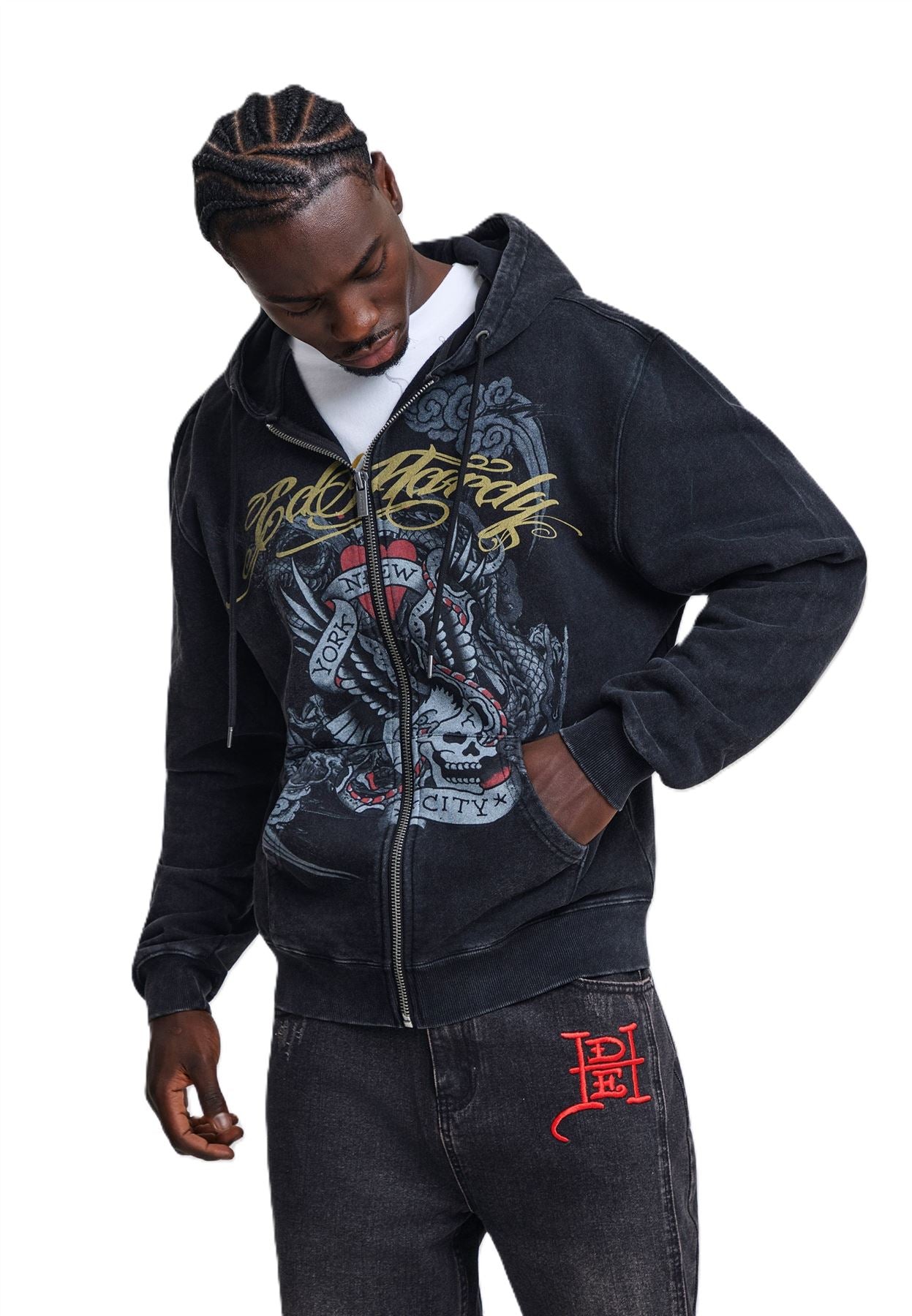 Ed Hardy New York Washed Relaxed Zip Thru Men's Black Hoodie
