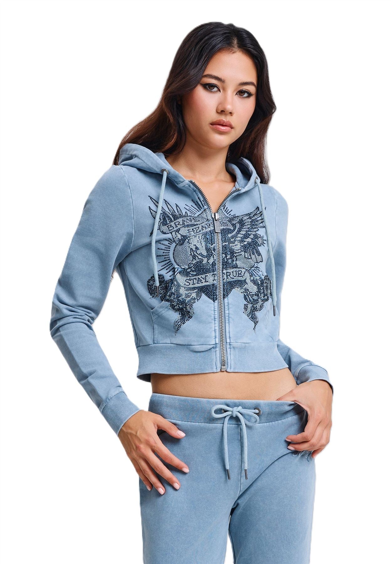 Ed Hardy Stay True Fitted Cropped Zip Women's Blue Hoodie