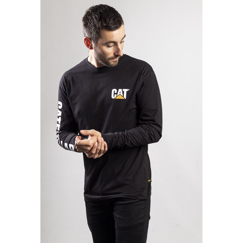 Caterpillar Trademark Banner Long Sleeve Cotton Men's Black T-Shirt