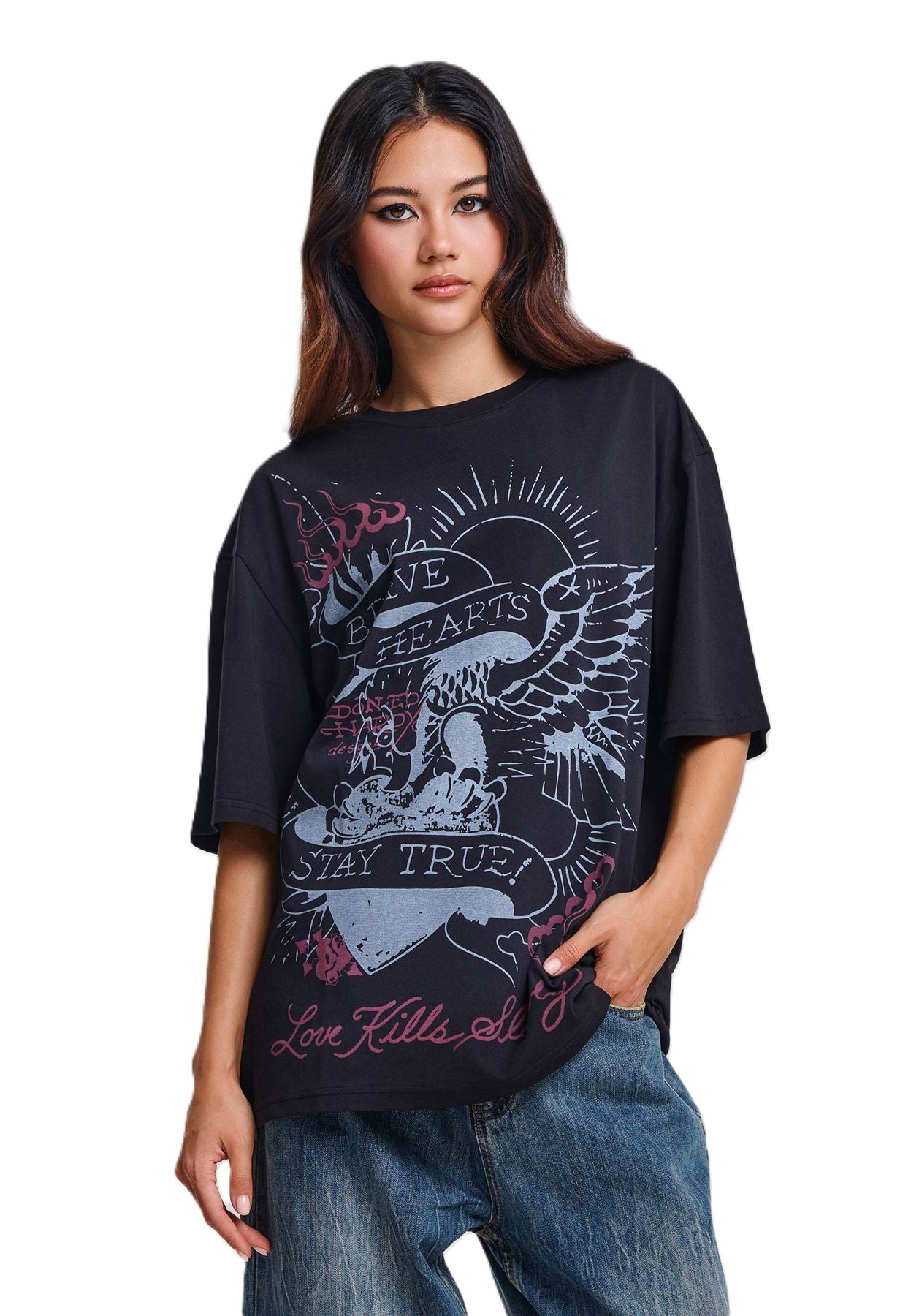Ed Hardy Brave Hearts True Washed Relaxed Women's Black T-Shirts