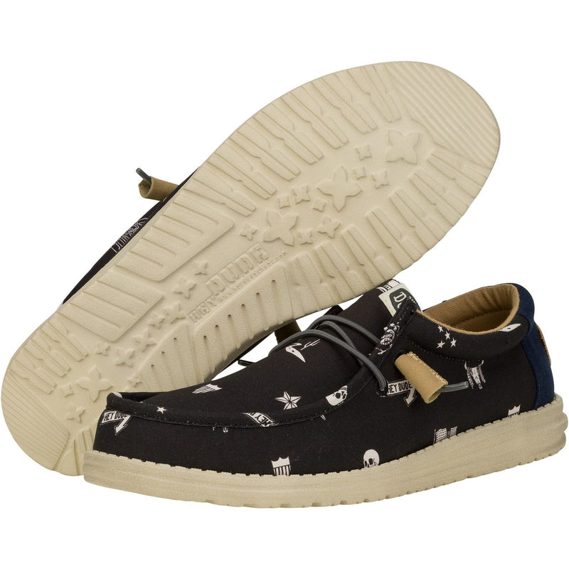 HEYDUDE Wally Stars n Skulls 100% Cotton Men's Black Boat Shoes