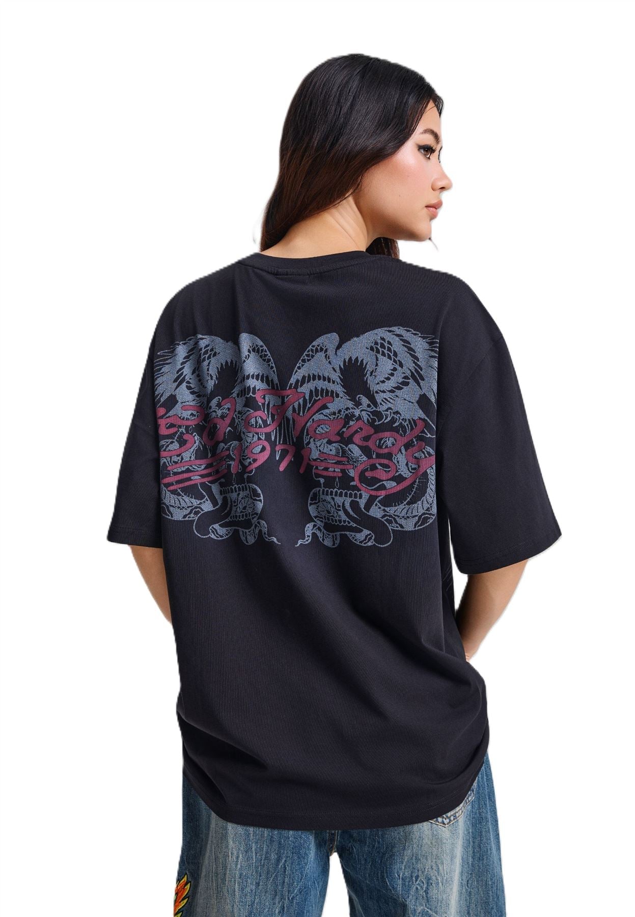Ed Hardy Brave Hearts True Washed Relaxed Women's Black T-Shirts