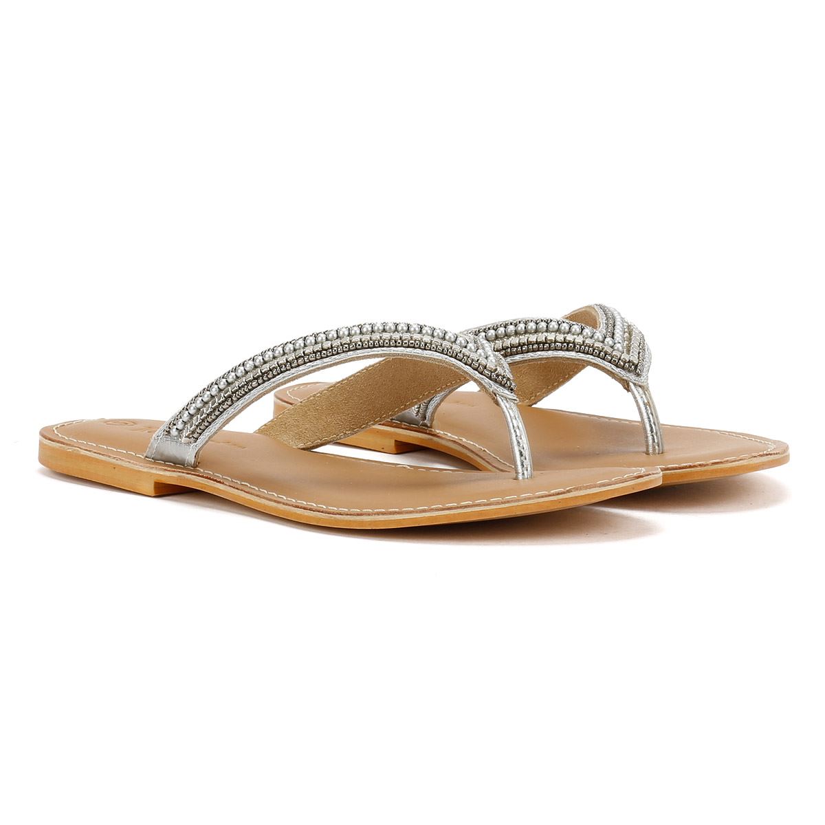 Tower London Metallic Bead Thong Women's Silver Sandals