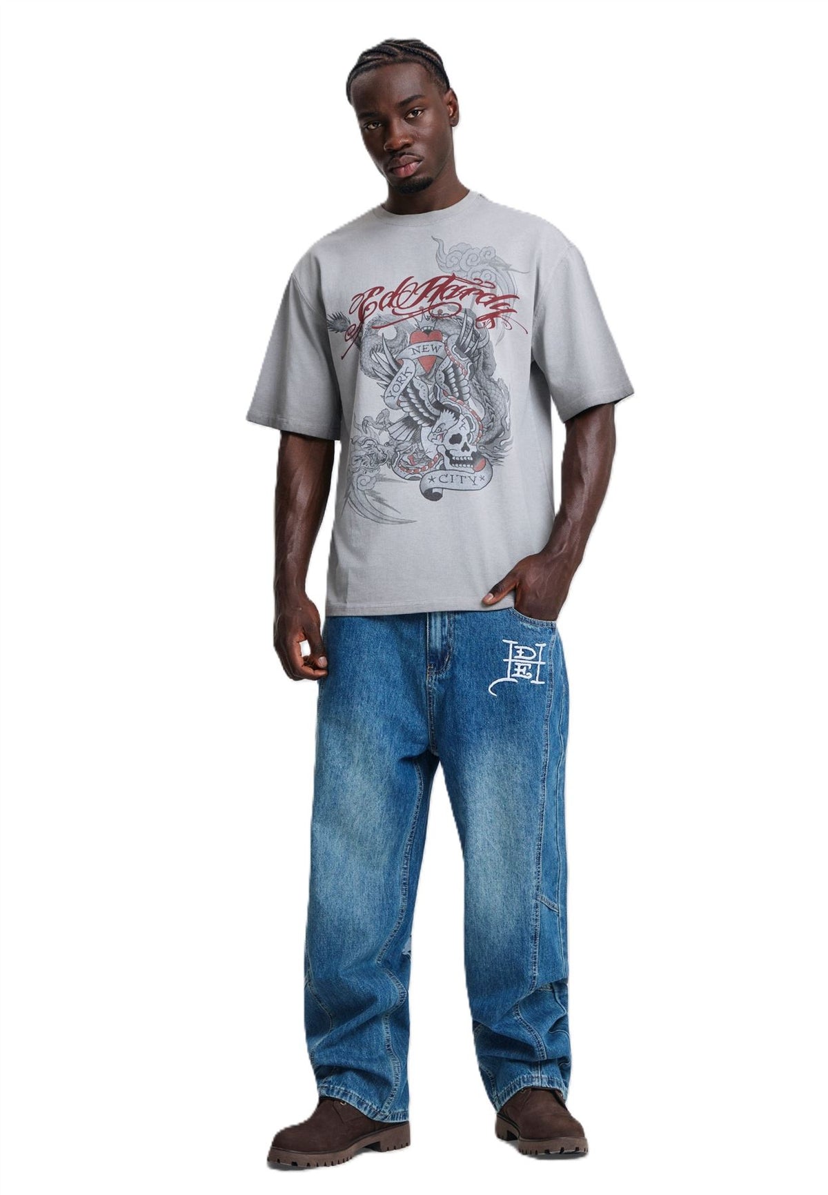 Ed Hardy Oil Wash New York Graphic Relaxed Men's Grey T-Shirts