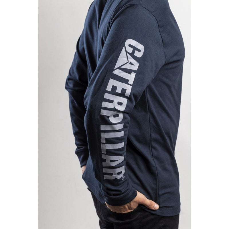Caterpillar Trademark Banner Long Sleeve Cotton Men's Blue T-Shirt