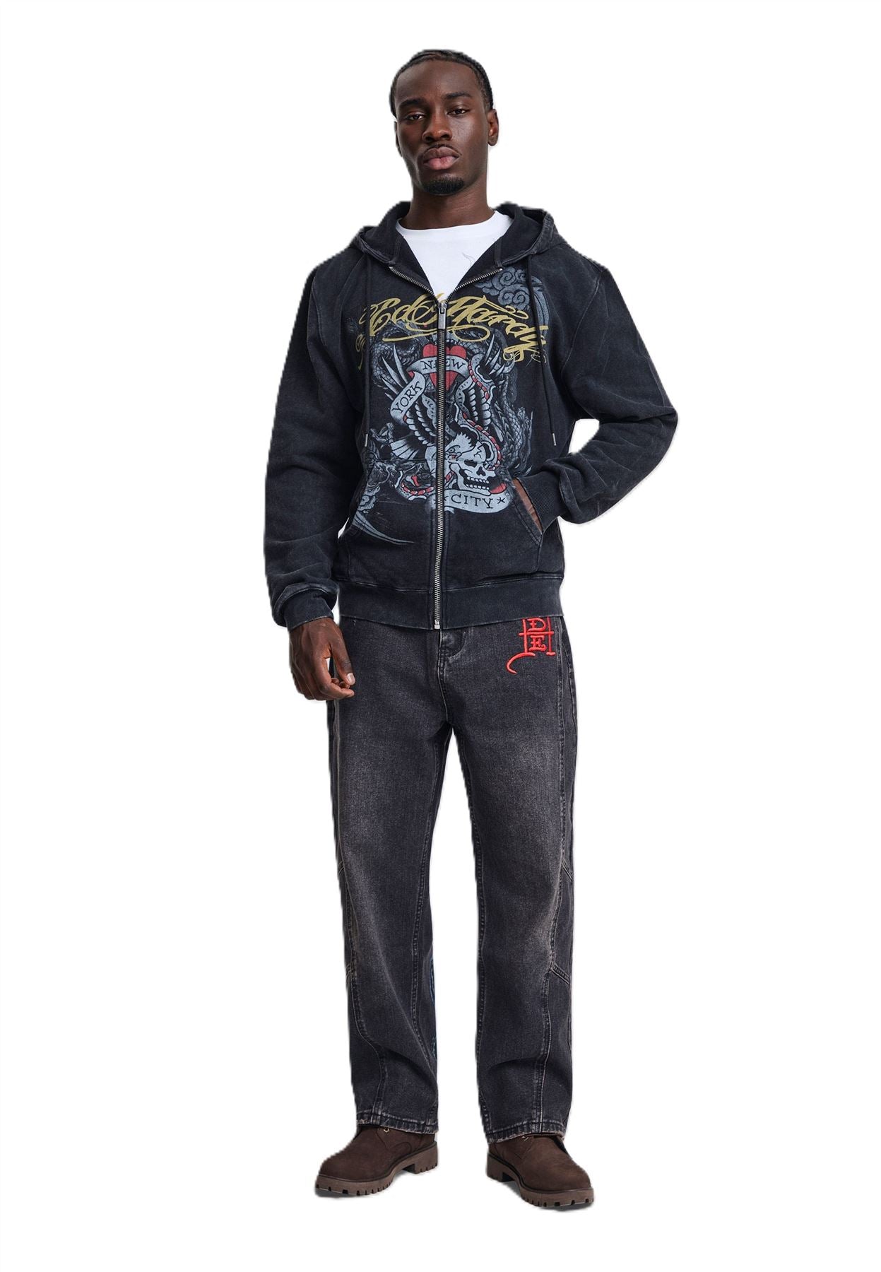 Ed Hardy New York Washed Relaxed Zip Thru Men's Black Hoodie