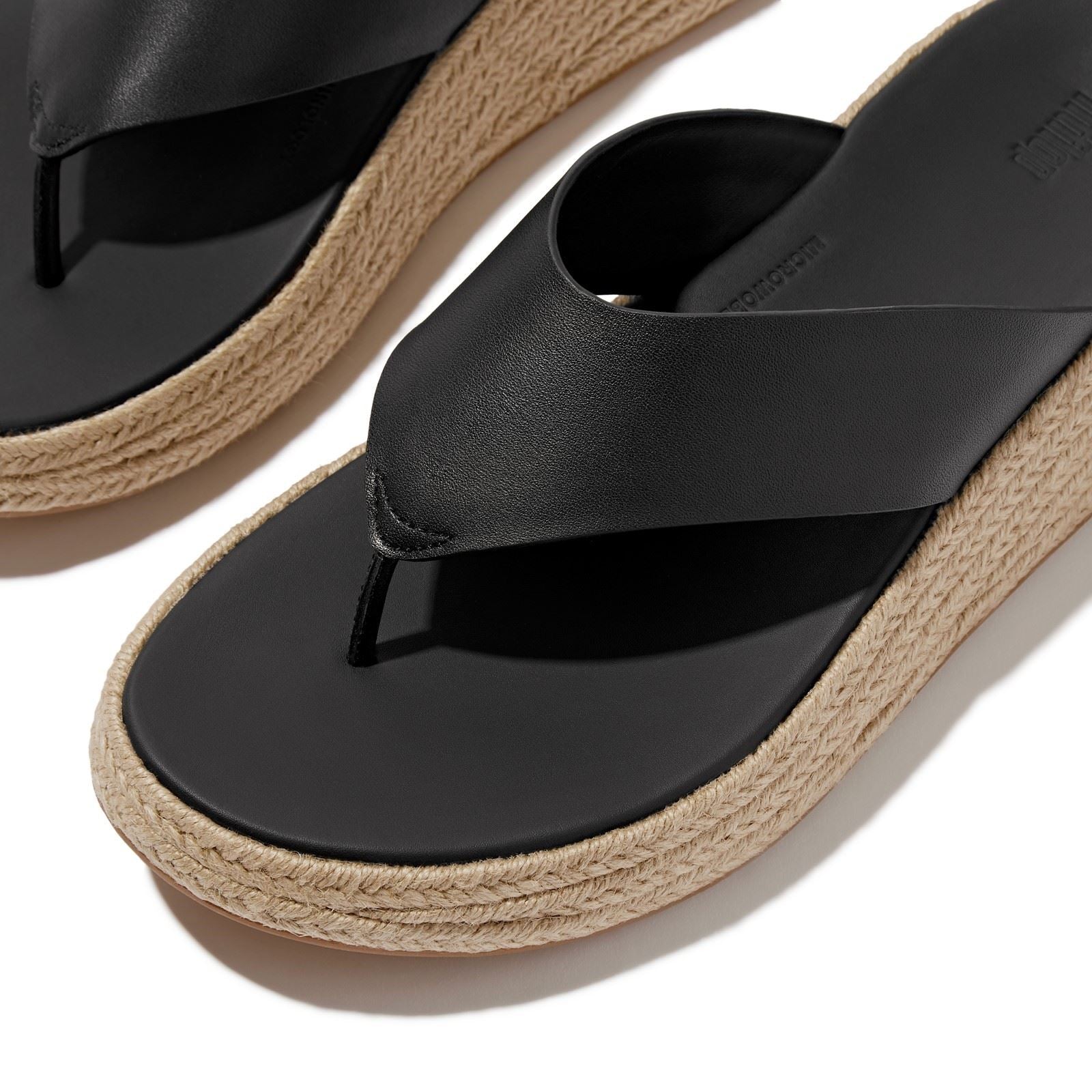 Fitflop F-Mode Toe Post Espadrille Leather Women's Black Sandals