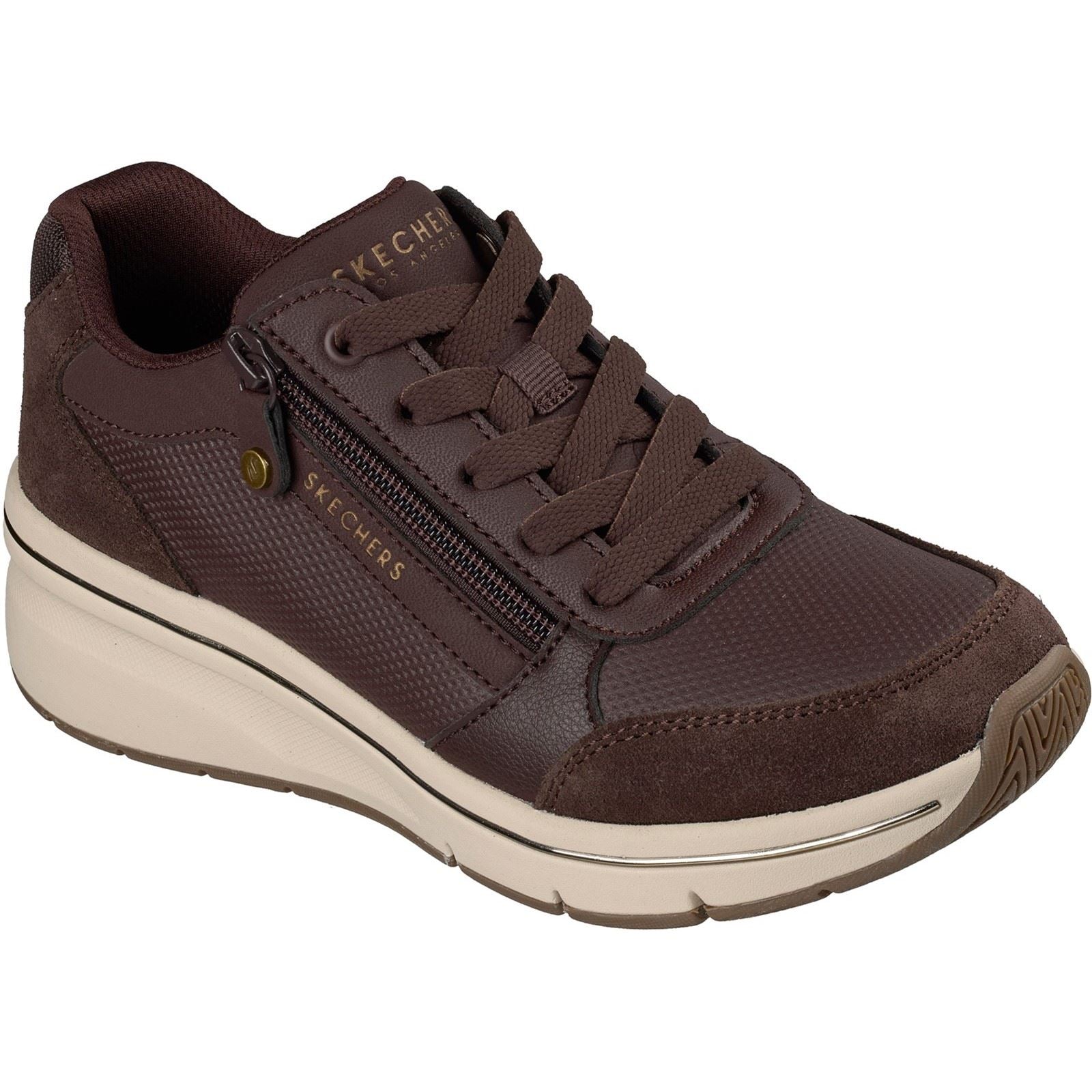Skechers Billion Flex Luxe Up Leather Womens Chocolate Duraleather/Mesh Trainers