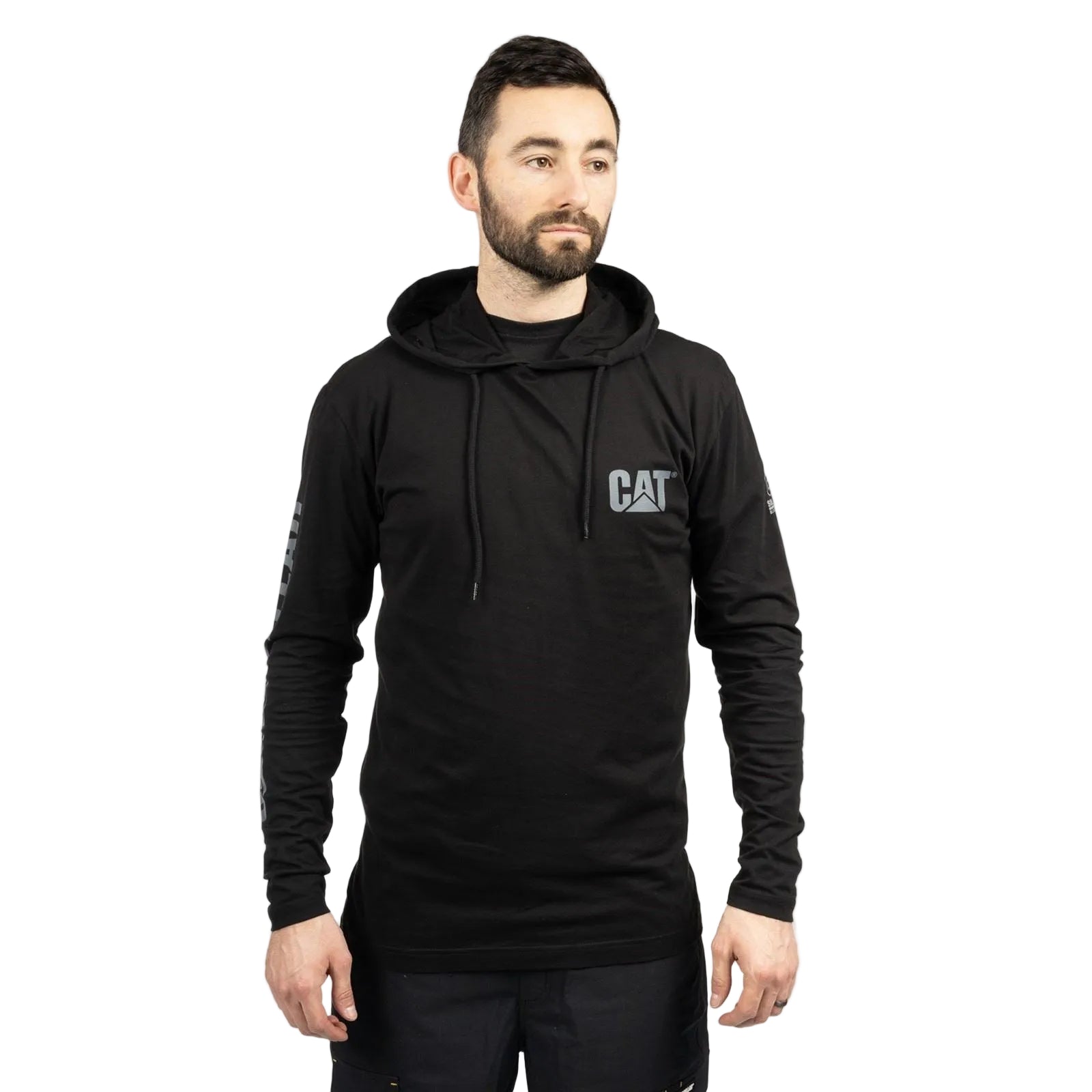 Caterpillar Hooded Long Sleeve Cotton Men's Black T-Shirt