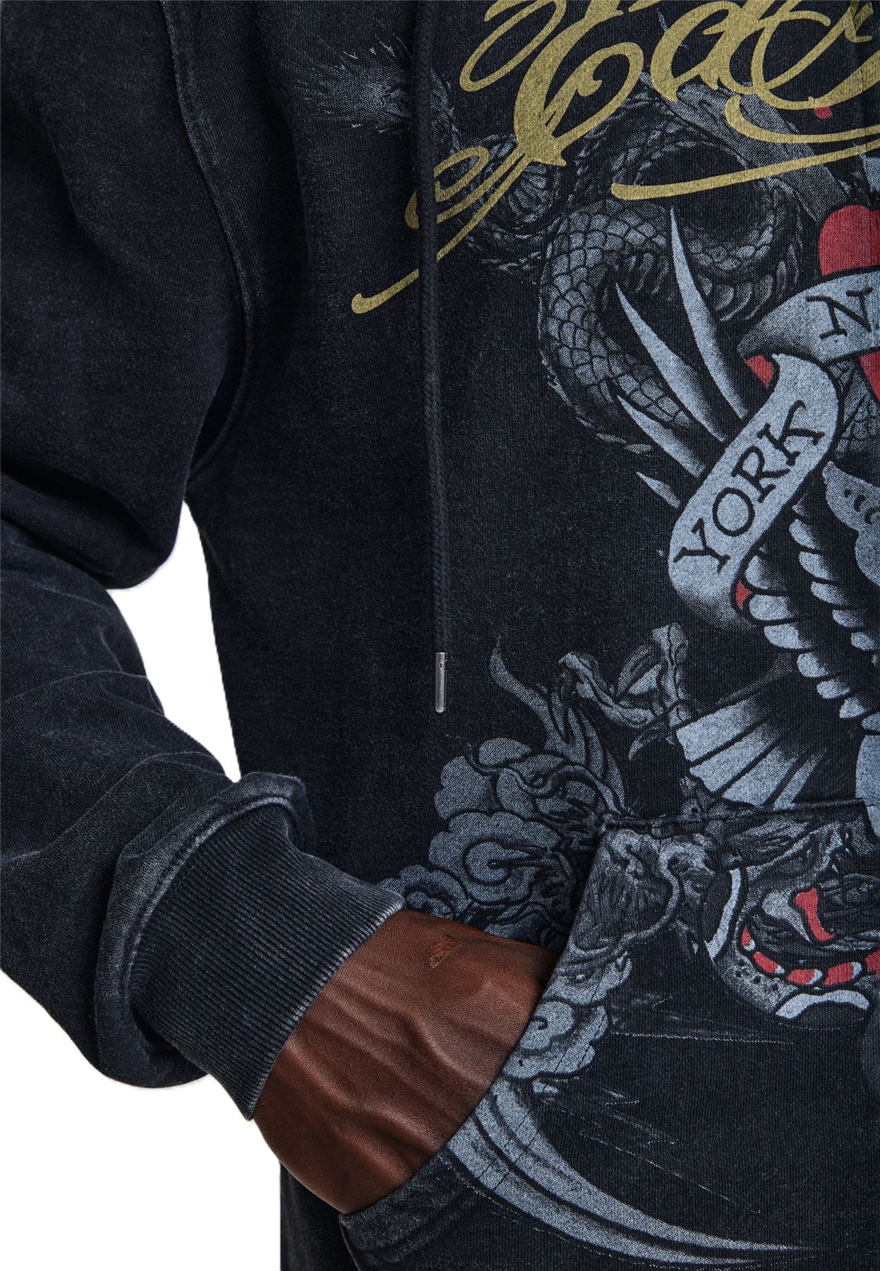 Ed Hardy New York Washed Relaxed Zip Thru Men's Black Hoodie