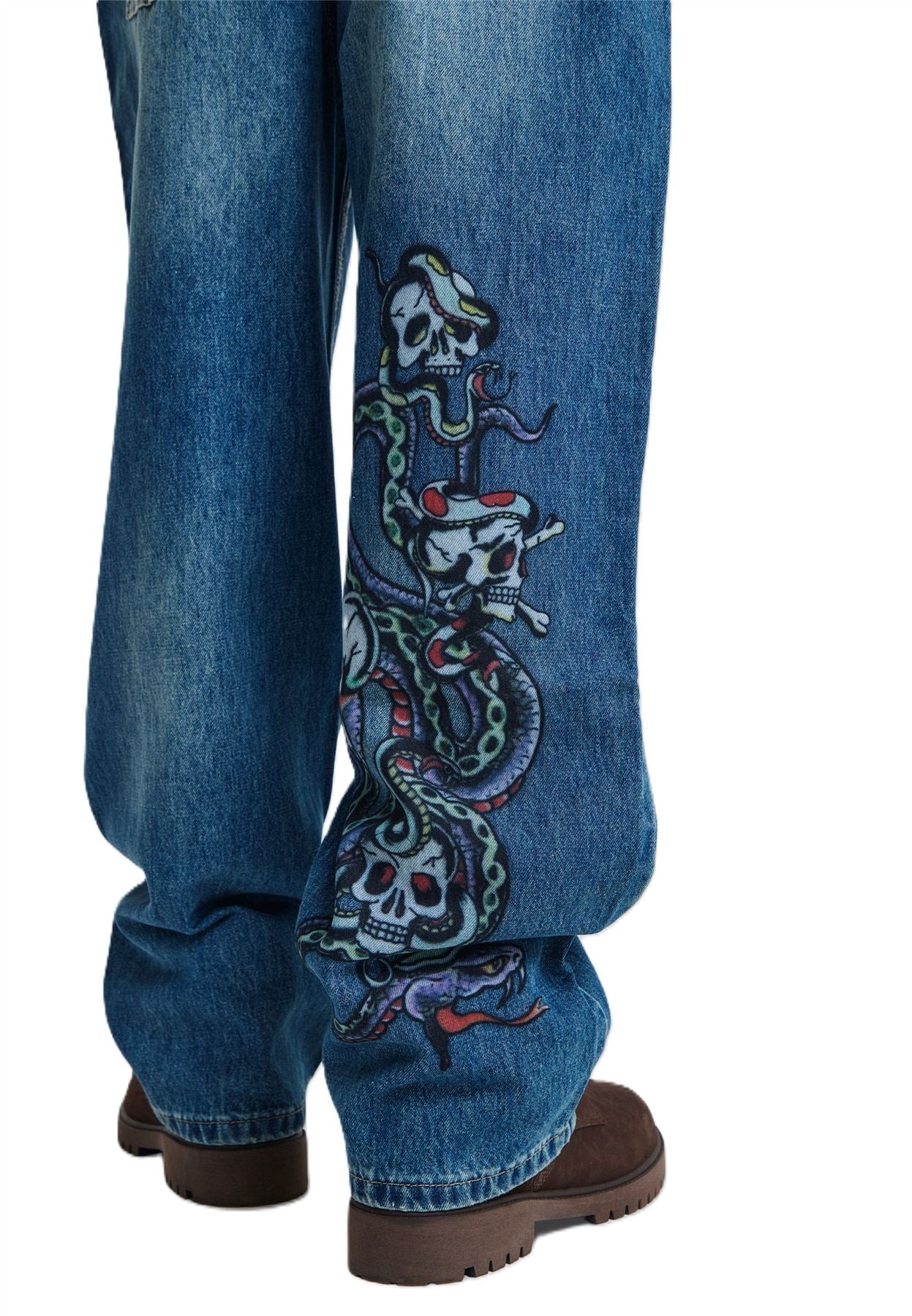 Ed Hardy Serpent Skull Graphic Relaxed Men's Mid Blue Jeans