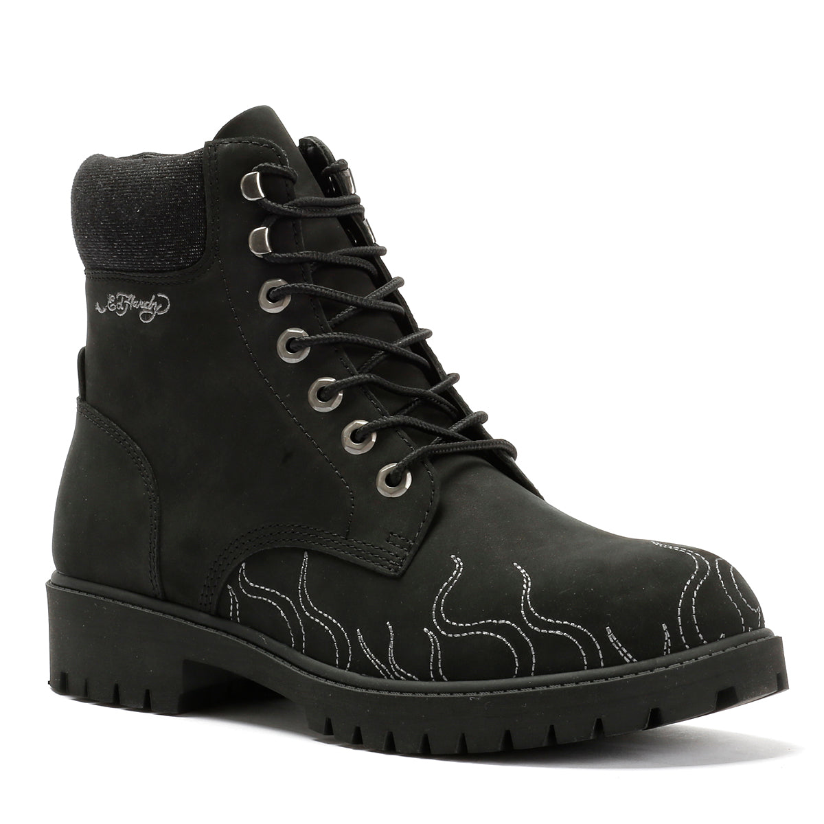 Ed Hardy Embroidered Flames Nubuck Men's Black Boots