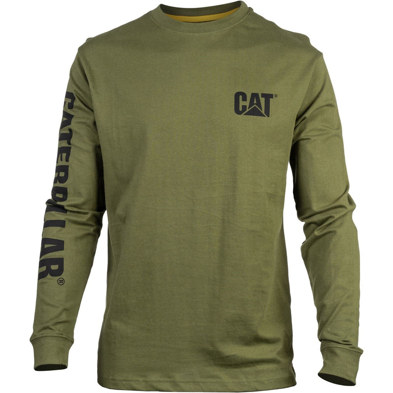 Caterpillar Trademark Banner Long Sleeve Cotton Men's Green T-Shirt
