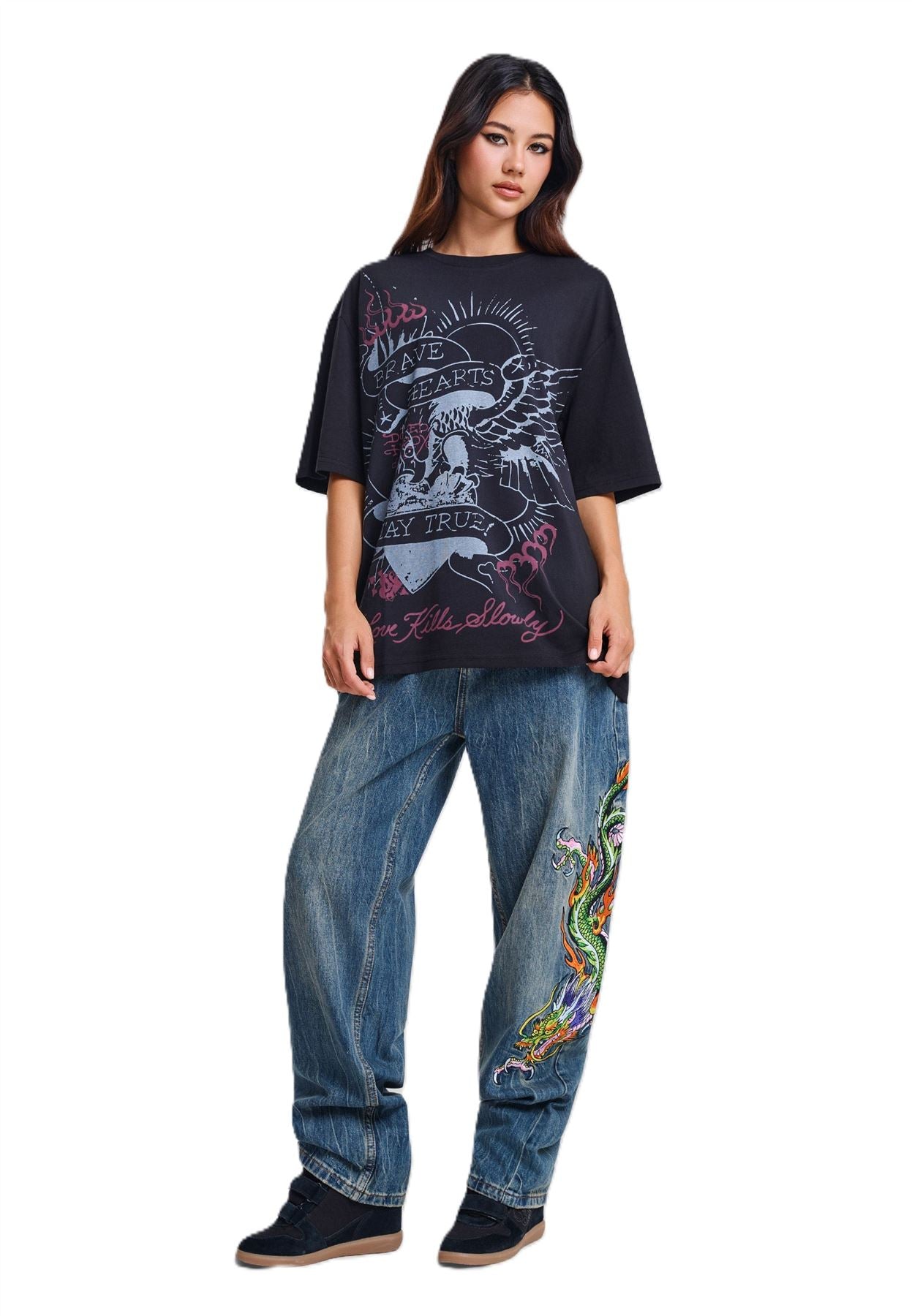 Ed Hardy Brave Hearts True Washed Relaxed Women's Black T-Shirts