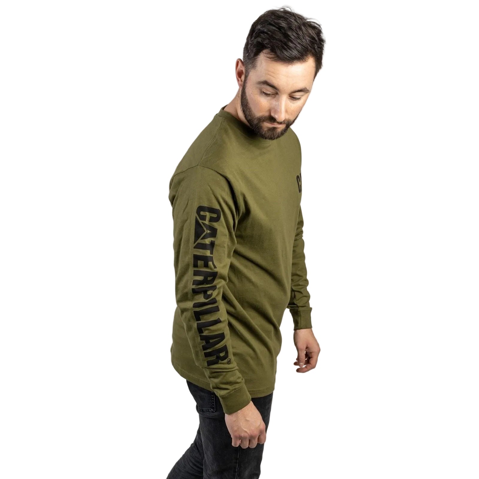 Caterpillar Trademark Banner Long Sleeve Cotton Men's Green T-Shirt