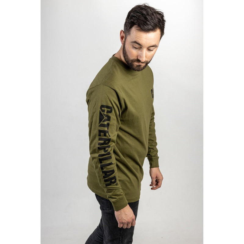 Caterpillar Trademark Banner Long Sleeve Cotton Men's Green T-Shirt